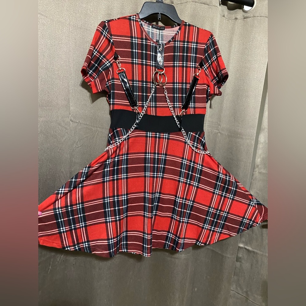 Devil Fashion Plaid Dress with Chains